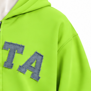 Winter Lime Green Customized Mens Full <b>Zip</b> <b>Hoodie</b> Heavyweight Fleece Chenille Letter Applique Oversized Streetwear Front <b>Pockets</b> - Product Image 6