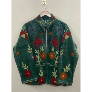 Hand Embroidered <b>Velvet</b> Jacket <b>Women</b> Mandarin Collar Full Sleeve Autumn Floral Pattern open Closure Bohemian Style <b>Coat</b> - Product Image 6