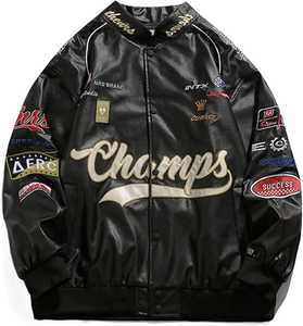 <b>Men</b> Vintage <b>Racing</b> Varsity <b>Jacket</b> PU Leather Look Bomber Coat Patchwork Button Front Streetwear Outerwear - Product Image 3