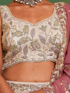 Beige Silk Floral Embroidery Floor-Length <b>Lehenga</b> Choli Set Pink Dupatta Wedding Indian Pakistani Dress <b>Women</b> Summer Winter - Product Image 4