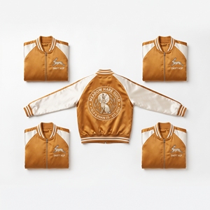 Custom OEM Satin Varsity Jacket Teal Cream Harbor Seal Embroidery <b>Coat</b> Snap Button Raglan Outerwear - Product Image 2