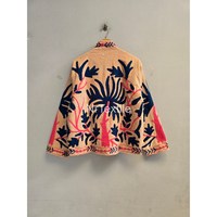Veste polaire brodée palmiers pour femme, coupe ample, col mandarin, motif floral, style ouvert, pour l'automne