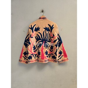 Veste polaire brodée palmiers pour femme, coupe ample, col mandarin, motif floral, style ouvert, pour l'automne - Product Image 2