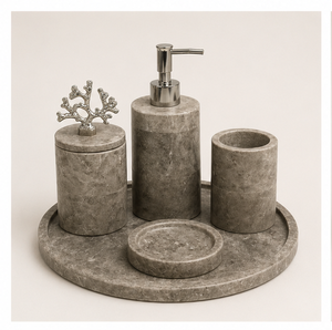Ensemble d'accessoires de salle de bain en marbre gris naturel 5 pièces, organisateur de comptoir avec distributeur de savon, gobelet et plateau pour hôtels et maisons - Product Image 2