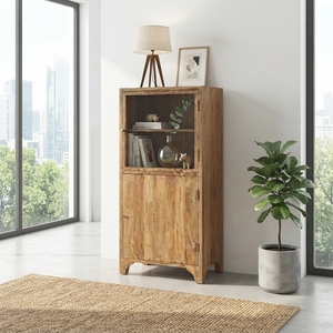 Solid Wood Storage Drawer Cabinet Modern Rustic Glass Door Display Shelf Teak Style Wooden Cupboard Home Drawers <b>Carts</b> Furniture - Product Image 4