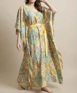 Wholesale Women's Bohemia Maxi Abaya V Neck Floral Print Rayon <b>Kaftan</b> Loose Fit Summer Dress With Pom Pom Trim Middle East Style - Product Image 1