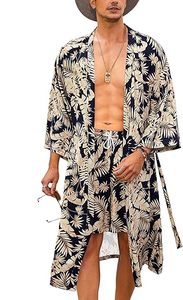<b>Men</b> Lightweight 2 Piece Kimono Robe with Shorts Japanese Style Casual Open Front <b>Long</b> <b>Cardigan</b> with Belt 100% Rayon All Seasons - Product Image 2