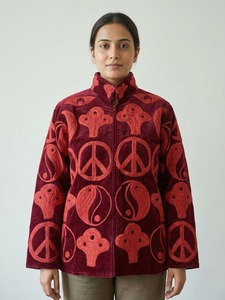 เสื้อแจ็คเก็ตกำมะหยี่สีแดงเลือดหมูสำหรับผู้หญิง ปักลายหยินหยาง คอจีน ปิดแบบเปิด สวมใส่ในฤดูใบไม้ร่วง - Product Image 3