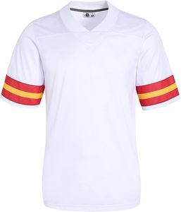White V-Neck Sports Jersey Short Sleeve <b>Red</b> Yellow Striped Sleeves Lightweight Athletic Shirt Polyester Material - Product Image 1