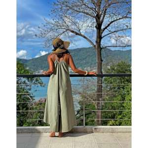 Robe longue bohème pour femmes, sans manches, col halter, avec cordon de serrage à la taille, robe longue décontractée d'été pour la plage - Product Image 4