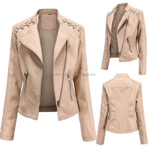 Chaqueta de cuero con cremallera Beige para mujer, estilo motorista, puntada acolchada, detalles de encaje, bolsillos con cremallera elegantes, viscosa transpirable para otoño - Product Image 6