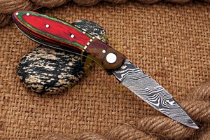 Cuchillo Plegable de Acero de Damasco Premium con Mango de Madera, Hecho a Mano, para Caza, Camping, Supervivencia, Cuchillo de Bolsillo EDC - Product Image 5
