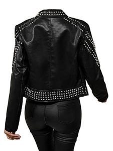 Veste en similicuir pour femme, cloutée, décontractée, courte, style motard, col montant - Product Image 2