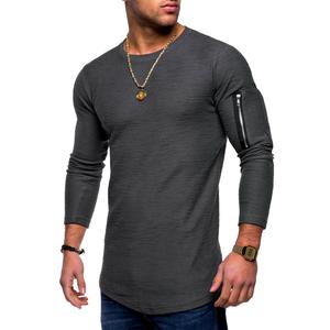 T-shirt décontracté d'hiver pour homme, vert olive, manches longues, tricoté 100% coton, coupe oversize, col rond, 210 g/m², respirant, avec strass - Product Image 3