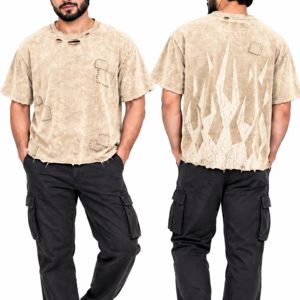 เสื้อยืดผู้ชาย AGREE SPORTS สีเบจ ลวดลายกราฟิกแบบทำเก่า ซักแล้ว ดูดี 100% ผ้าฝ้าย ทรงโอเวอร์ไซส์ พิมพ์ลายแตก ลายเรขาคณิต คอกลม แขนสั้น - Product Image 1