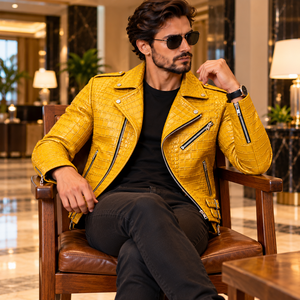 Veste de motard en cuir véritable gaufré crocodile jaune de luxe pour homme – Veste de mode moto haut de gamme - Product Image 4