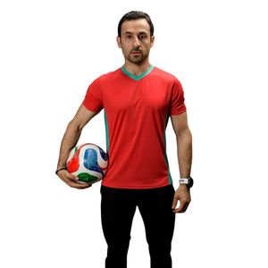 Men <b>Red</b> V Neck Short Sleeve Sports T <b>Shirt</b> Contrast Green Trim Side Panel Lightweight Athletic Training Running Casual - Product Image 1