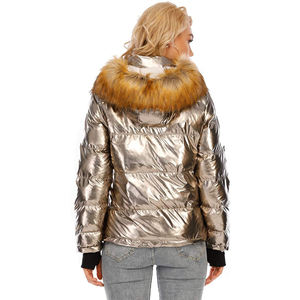 Veste matelassée à capuche argentée avec garniture en fourrure, fermeture éclair, manteau d'hiver, style décontracté, rembourrage épais en polyester, coupe-vent - Product Image 4