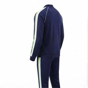 Ensemble de survêtement sportif bleu marine pour homme avec rayures vertes et blanches, en polyester et coton tricoté, veste à col montant et fermeture éclair intégrale, idéal pour l'automne - Product Image 4