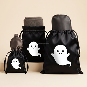 Bolsa negra con cordón para Halloween con estampado de fantasma blanco, bolsa de satén reutilizable para regalos promocionales, bolsa protectora para todo tipo de estaciones - Product Image 4