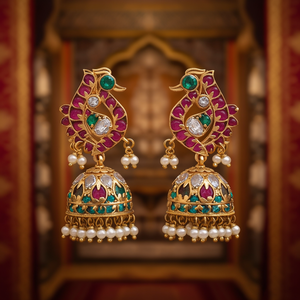 Peacock Real Kemp Jhumki Drop Earrings-Ethnic Pearl Turquoise Brass Alloy Jewelry for Wedding Party Gift - Product Image 2