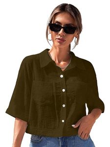 V-Collar Solid Crop <b>Shirt</b> for Women with <b>Half</b> Sleeves, Polyester, Regular Fit - Product Image 5