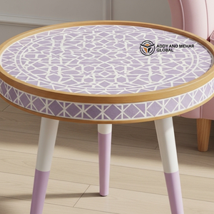 Lavender Meena Pattern Wooden <b>Stool</b> – Handcrafted <b>Round</b> Decorative Accent <b>Stool</b> for Living Room & Bedroom - Product Image 5
