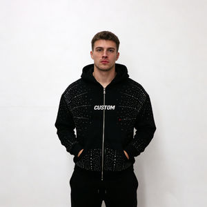 เสื้อฮู้ดดี้ผู้ชายแฟชั่นสีดำ ผ้าฟลีซนุ่ม ประดับเพชรเทียม ซิปหน้า ทรงโอเวอร์ไซส์ สวมใส่ได้ทุกวัน ลำลอง ปาร์ตี้ สตรีทแวร์ - Product Image 4