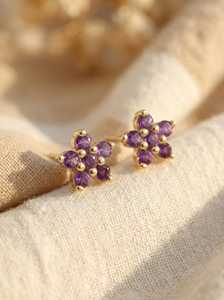 Amethyst Flower <b>Stud</b> Earrings 925 Sterling <b>Silver</b> 14K Gold Plated February Birthstone Gift For Women Under 100 - Product Image 5