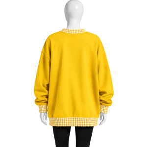 Mens Golden Yellow Loose Fit Crewneck Sweatshirt With <b>Checkered</b> Collar And Cuffs Long Sleeve Graphic Pullover Casual Fashion <b>Top</b> - Product Image 2