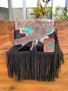 2024 nouveauté femmes usiné à la main en cuir Turquoise chapeau sacs à bandoulière et cuir usiné à la main poche ouverte porte-cartes ensembles - Product Image 2