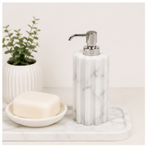 Distributeur de savon en marbre blanc moderne et écologique avec pompe en acier inoxydable, flacon de lotion liquide en pierre naturelle pour salle de bain d'hôtel (vente en gros) - Product Image 6