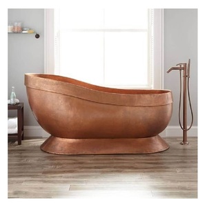 <b>Hammered</b> Copper Pedestal Freestanding Bathtub Luxury Soaking Tub Raised Backrest Rectangle Shape Elegant Curved Design. - Product Image 2