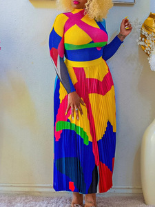 Robe longue décontractée africaine confortable grande taille pour l'automne, ensemble plissé imprimé à manches longues et blocs de couleur - Product Image 6