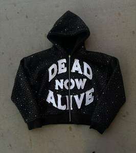 Sudadera con capucha de forro polar de invierno con pedrería de diamantes, estilo urbano, oversize, personalizada, de gran gramaje y corte holgado con cremallera para hombre, tendencia 2026 - Product Image 1