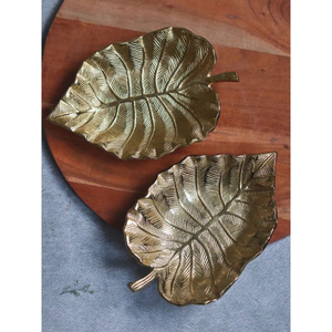 Luxury <b>Gold</b> Leaf <b>Serving</b> <b>Tray</b> Set Of 2 Metal Decorative Platter Dry Fruit Dish Home Hotel Wedding Party Table Decoration - Product Image 3
