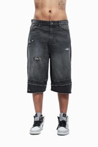 Pantalones cortos vaqueros anchos para hombre, estilo vintage, negros desgastados, con efecto degradado, rasgados, estilo urbano, holgados - Product Image 3