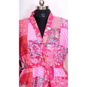 Kimono Kantha multicolore en patchwork de soie fait main, robe Kantha unique pour l'hiver, veste kimono indienne en patchwork au prix d'usine - Product Image 4