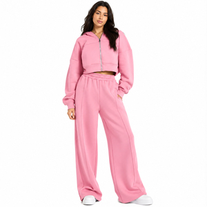 Womens Cropped Zip Hoodie & Wide Leg Sweatpants <b>Set</b> Casual 2 Piece <b>Loungewear</b> Tracksuit Relaxed Fit Jogger <b>Set</b> OEM Custom - Product Image 3