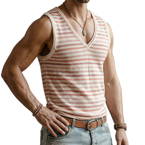 OEM Custom Striped Sleeveless Shirt Men Deep V-Neck Muscle Fit Tank Top Breathable Summer Casual Wear Bulk Clothing Tank Tops - Product Image 3