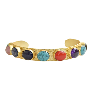 Gold Plated Geometric Cuff <b>Bracelet</b> with Natural Stone Inlay Bohemia Style Unisex Handmade Jewelry Gift Navrattan Bangle - Product Image 1