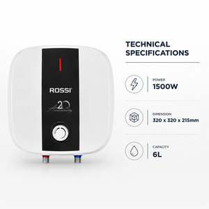 Calentador de Agua Eléctrico Premium Rossi de 6 Litros y 1500W, Unidad de Calentamiento con Tanque de Almacenamiento Montado en la Pared para Uso en Baño y Cocina - Product Image 2