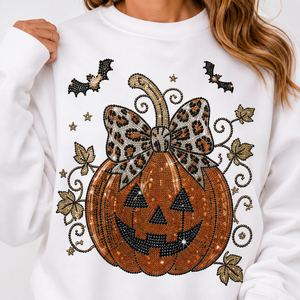Wholesale Halloween Rhinestone Pumpkin Bow Graphic Crewneck Sweatshirt 100% Cotton Fleece Women's Oversized Hoodies Casual Wear - Product Image 4