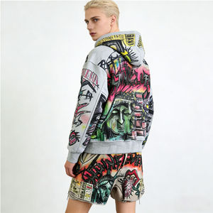 Ensemble sweat à capuche et short personnalisé effet délavé soleil, coupe courte, délavé à l'acide, style streetwear, avec strass et déchirures, fermeture éclair - Product Image 6