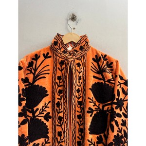Orange Mandarin Collar <b>Jacket</b> With <b>Black</b> Floral Embroidery Full Sleeve Cotton Boho Style Women's <b>Jacket</b> - Product Image 4