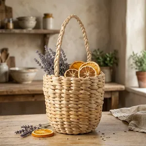 Cesta Redonda de Almacenamiento de Mimbre Tejido con Asas, Estilo Boho, de Tamil Nadu, para Decoración del Hogar, por KOTTRAVAI - Product Image 6