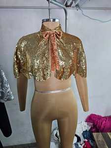 Luxury Beaded Sequin Club Cape <b>Top</b> with Wrap and Tie 100% Polyester Gold Sequined Embellishments and Velvet Bow - Product Image 1