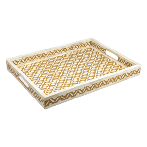 Bandeja Decorativa Rectangular con Incrustaciones de Hueso de Camello y Patrón Geométrico Ecológico, con Asas, para Mesa de Centro y Uso Doméstico - Product Image 1