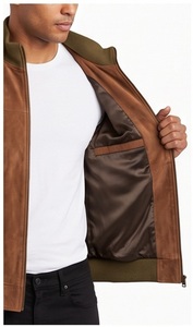 Wholesale <b>Men</b> <b>Suede</b> Bomber <b>Jacket</b> Olive Ribbed Collar Flight Coat Custom Slim Fit Yoke Trim Outerwear Factory - Product Image 2