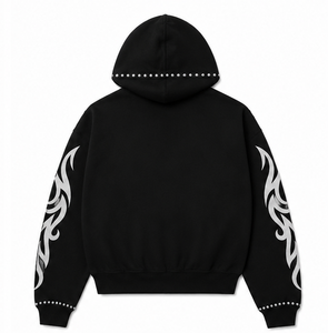 Sweat à capuche zippé sur mesure pour homme, de qualité supérieure, imprimé strass, effet délavé vintage, style streetwear en molleton. - Product Image 2